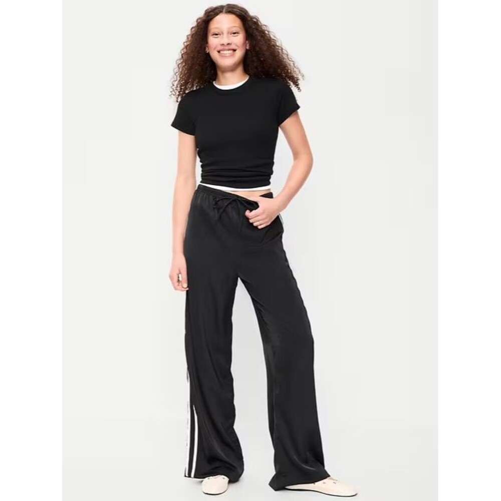 Old Navy Satin Track Pants Womens M Tall Black White Stripes Lightweight NEW - Picture 2 of 11